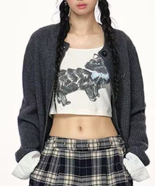 Achic(アシック)の「ニットとチェック組み合わせカーディガン(カーディガン/ボレロ・レディース・ネイビー/レッド/グレー・M)」の9枚目の写真