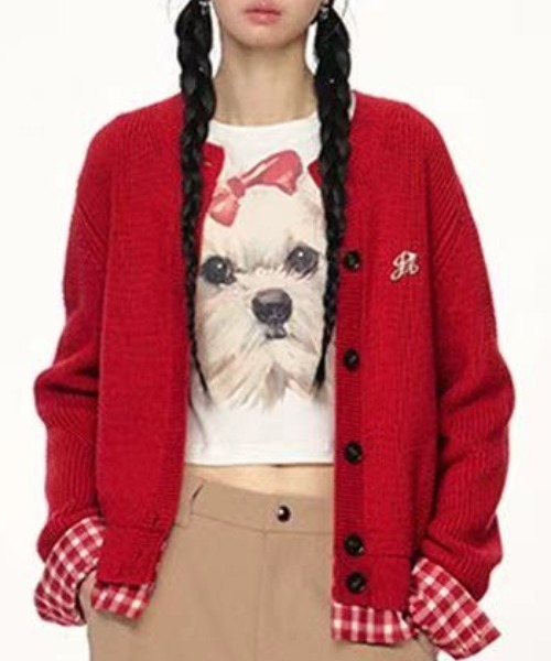 Achic(アシック)の「ニットとチェック組み合わせカーディガン(カーディガン/ボレロ・レディース・ネイビー/レッド/グレー・M)」の10枚目の写真
