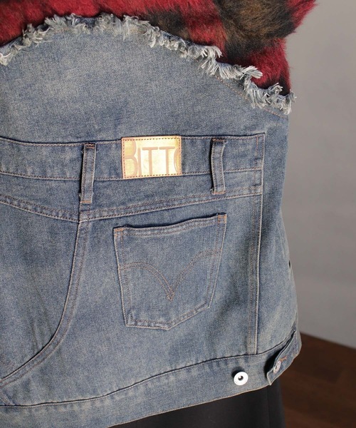 セール】チェックシャギーデニムブルゾン（デニムジャケット