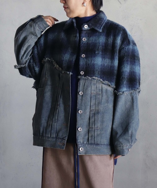 BITTOKO(ビットコ)の「チェックシャギーデニムブルゾン(デニムジャケット・レディース・ブルー/レッド・FREE)」の7枚目の写真
