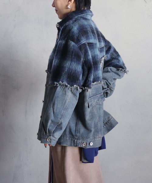 セール】チェックシャギーデニムブルゾン（デニムジャケット