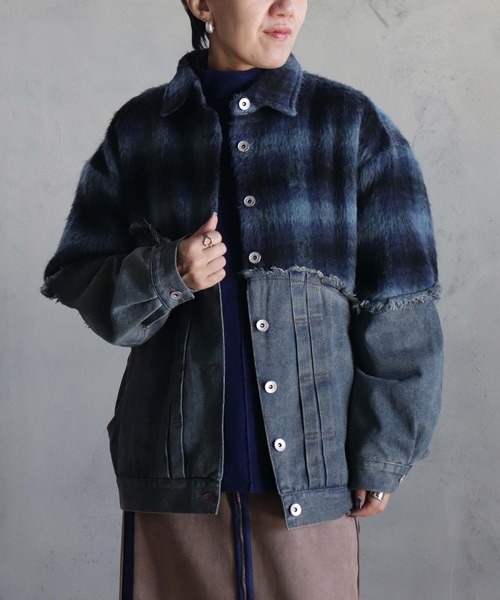 BITTOKO(ビットコ)の「チェックシャギーデニムブルゾン(デニムジャケット・レディース・ブルー/レッド・FREE)」の5枚目の写真