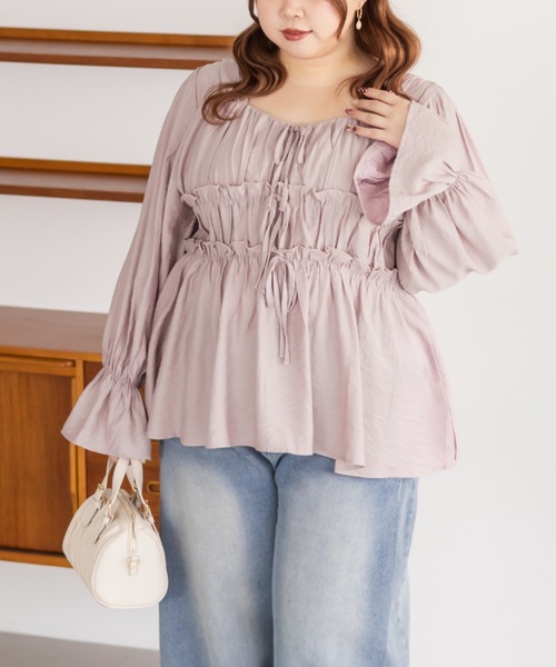 CLETTE(クレット)の「CLETTEオリジナルフロントリボンギャザーデザインブラウス(シャツ/ブラウス・レディース・オフホワイト/ワイン/ピンク・LL/3L/4L)」の9枚目の写真