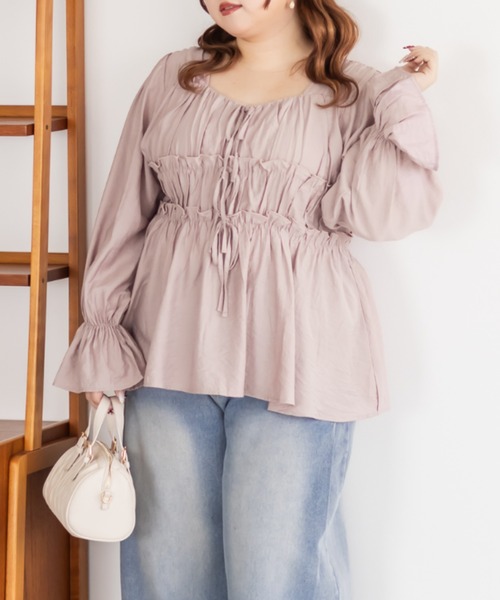 CLETTE(クレット)の「CLETTEオリジナルフロントリボンギャザーデザインブラウス(シャツ/ブラウス・レディース・オフホワイト/ワイン/ピンク・LL/3L/4L)」の8枚目の写真
