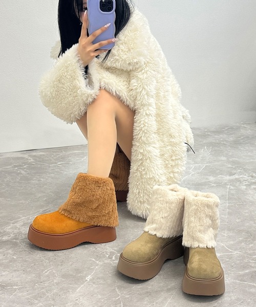 FOLLOWIN（フォロウィン）の「【Followin】ふわもこファー厚底ムートンブーツ（ブーツ・レディース・ベージュ/ブラウン・23cm/24cm/25cm）」の17枚目の写真