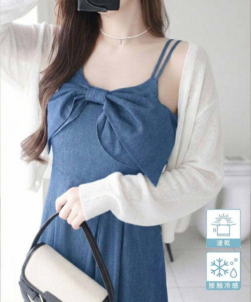 mily bilet（ミウィビレット）の「【mily bilet】［機能性素材］スタイリング要らずの可愛さ！フロントビックリボンハイウエスト切替デニムキャミワンピース（ロング）（ワンピース・レディース・ブルー/インディゴブルー・X-LARGE/SMALL/MEDIUM/LARGE）」の21枚目の写真