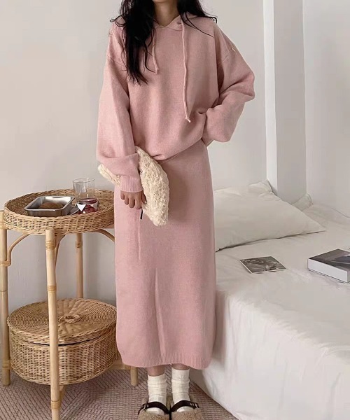 セール】フード付きニットセーター+ニットスカートセットアップ