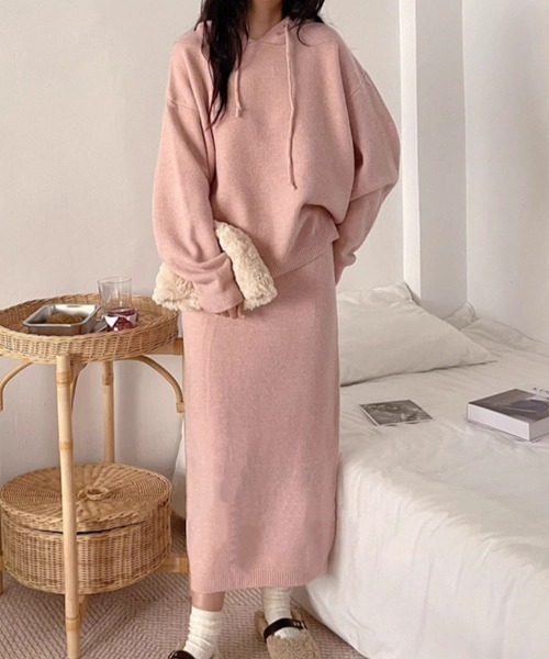 セール】フード付きニットセーター+ニットスカートセットアップ