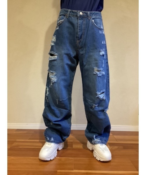 Bling Leads(ブリングリーズ)の「【Blss】【Bling Leads】ユーズド加工ワイドデニムパンツ(デニムパンツ・メンズ・ネイビー/ブルー/その他1・FREE)」の3枚目の写真