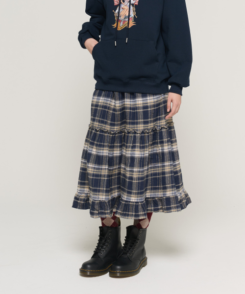 CARGOBROS FOR WOMAN(カーゴブロスフォーウィメン)の「チェックティアードバンディングロングスカート(ネイビー)(スカート・レディース・その他・FREE)」の10枚目の写真