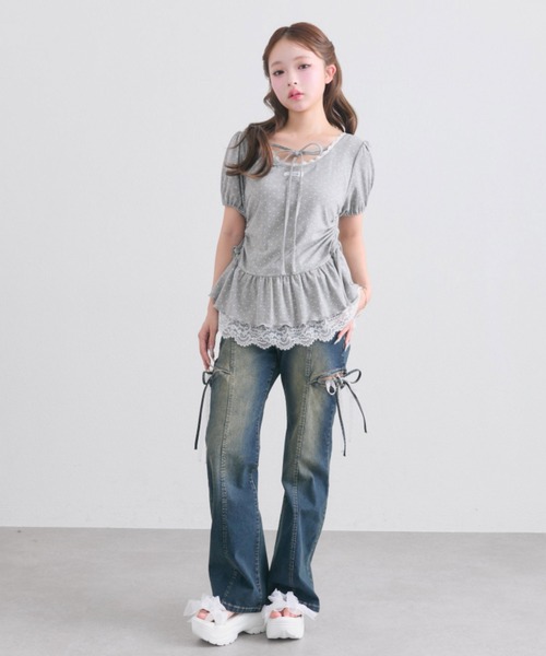セール】【S/Mサイズ展開】サイドスリットリボンストレッチパンツ