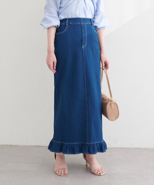 natural couture（ナチュラルクチュール）の「裾フリルストレッチナロースカート（スカート・レディース・チェック/ブルー/ブラック・FREE）」の3枚目の写真