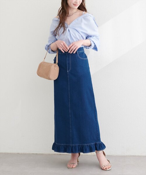 natural couture（ナチュラルクチュール）の「裾フリルストレッチナロースカート（スカート・レディース・チェック/ブルー/ブラック・FREE）」の10枚目の写真