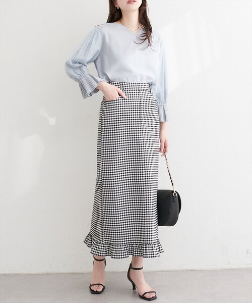 natural couture（ナチュラルクチュール）の「裾フリルストレッチナロースカート（スカート・レディース・チェック/ブルー/ブラック・FREE）」の14枚目の写真