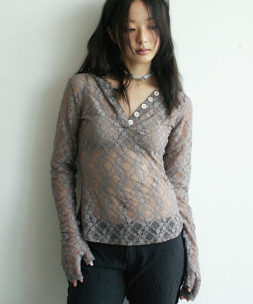 igi（イジ）の「LACE HOODIE TEE / レースフーディー（パーカー・レディース・グレー/ミント/アイボリー・FREE）」の2枚目の写真