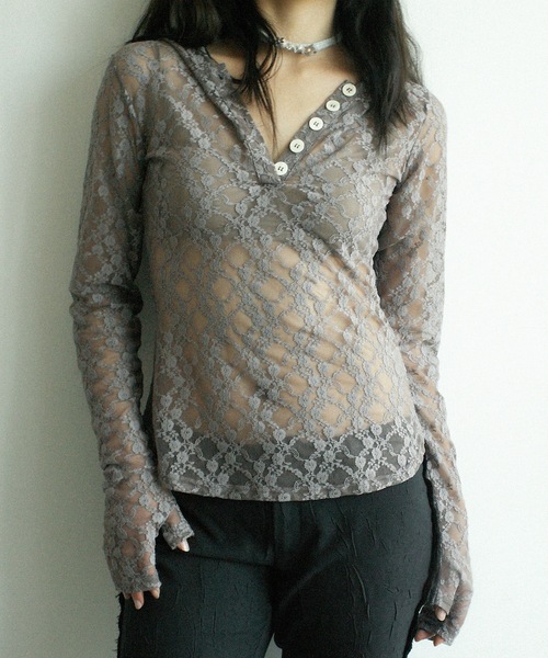 igi（イジ）の「LACE HOODIE TEE / レースフーディー（パーカー・レディース・グレー/ミント/アイボリー・FREE）」の4枚目の写真