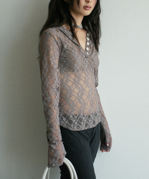 igi（イジ）の「LACE HOODIE TEE / レースフーディー（パーカー・レディース・グレー/ミント/アイボリー・FREE）」の7枚目の写真