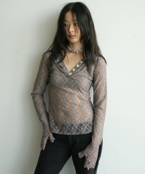 igi（イジ）の「LACE HOODIE TEE / レースフーディー（パーカー・レディース・グレー/ミント/アイボリー・FREE）」の6枚目の写真