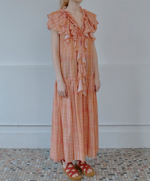 IRENENNE(アイレネ)の「プレイドプリントマキシドレス / Plaid Print Maxi Dress(ワンピース・レディース・オレンジ/ブルー・36)」の11枚目の写真