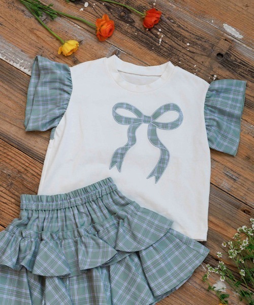 axes femme（アクシーズファム）の「チェックリボンフリルＴシャツ（Tシャツ/カットソー・キッズ・ミント/グレー・X-LARGE/LARGE/MEDIUM）」の2枚目の写真