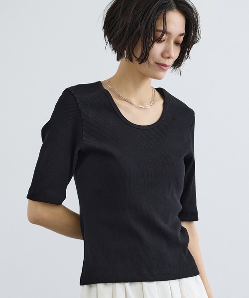 SALON adam et rope'（サロン アダム エ ロペ）の「プリマベールファームリーリブT / UVケア・洗える・新色追加（Tシャツ/カットソー・レディース・ブラウン系その他3/オフホワイト/ブラック・FREE）」の7枚目の写真