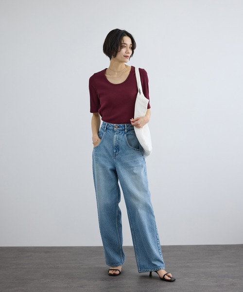 SALON adam et rope'（サロン アダム エ ロペ）の「プリマベールファームリーリブT / UVケア・洗える・新色追加（Tシャツ/カットソー・レディース・ブラウン系その他3/オフホワイト/ブラック・FREE）」の12枚目の写真