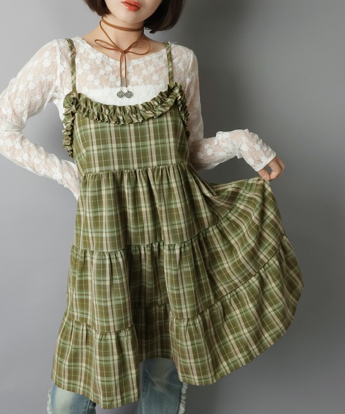 SPINNS(スピンズ)の「ティアードキャミワンピース/チェック(ワンピース・レディース・ブラック/グリーン/ボルドー・ONESIZE)」の8枚目の写真