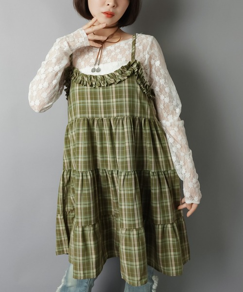 SPINNS(スピンズ)の「ティアードキャミワンピース/チェック(ワンピース・レディース・ブラック/グリーン/ボルドー・ONESIZE)」の10枚目の写真