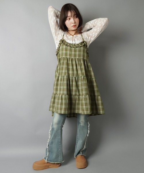SPINNS(スピンズ)の「ティアードキャミワンピース/チェック(ワンピース・レディース・ブラック/グリーン/ボルドー・ONESIZE)」の15枚目の写真