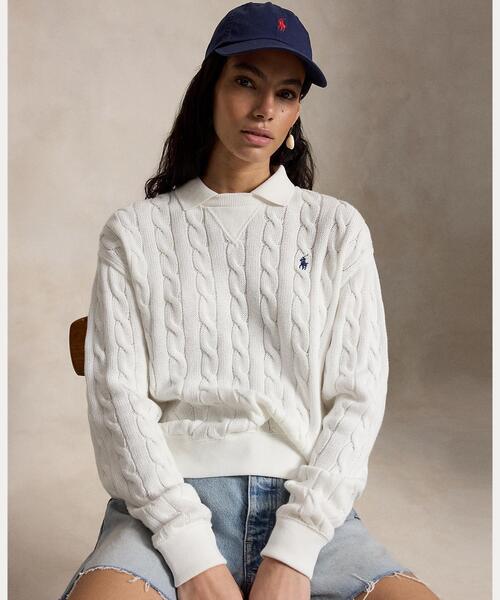 POLO RALPH LAUREN(ポロ ラルフ ローレン)の「ケーブルニット コットン ポロカラー セーター(ニット/セーター・レディース・ホワイト・M/XS/S)」の1枚目の写真