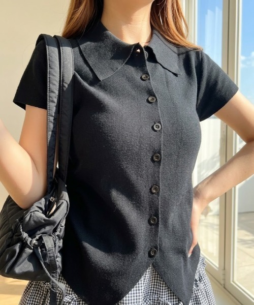 Ada.(エイダ)の「サイドシャーリング 半袖ニットポロ(ニット/セーター・レディース・ベージュ/イエロー/ブラック・FREE)」の1枚目の写真