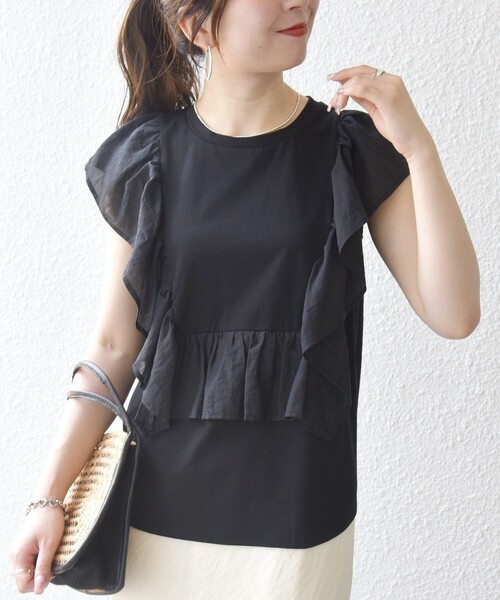 SHIPS any(シップス エニィ)の「SHIPS any:〈洗濯機可能〉フリル コンビ ノースリーブ TEE(Tシャツ/カットソー・レディース・ブラック/ホワイト・ONE SIZE)」の6枚目の写真