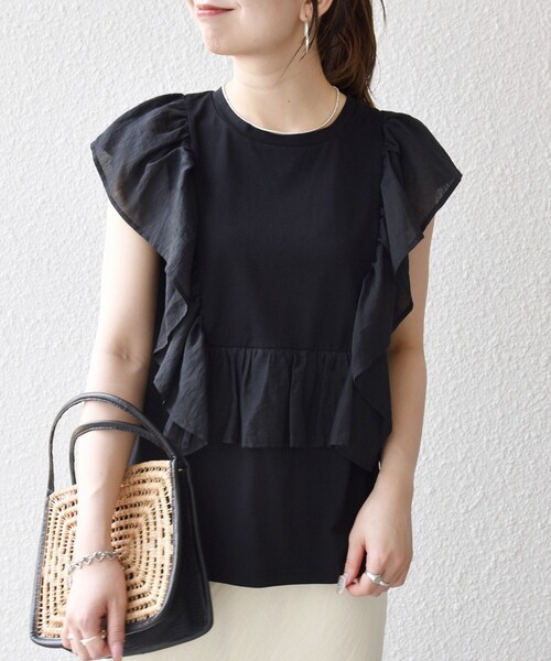 SHIPS any(シップス エニィ)の「SHIPS any:〈洗濯機可能〉フリル コンビ ノースリーブ TEE(Tシャツ/カットソー・レディース・ブラック/ホワイト・ONE SIZE)」の7枚目の写真