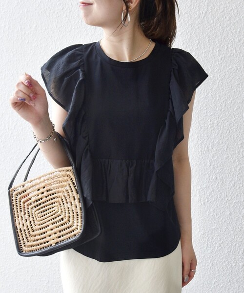 SHIPS any(シップス エニィ)の「SHIPS any:〈洗濯機可能〉フリル コンビ ノースリーブ TEE(Tシャツ/カットソー・レディース・ブラック/ホワイト・ONE SIZE)」の12枚目の写真