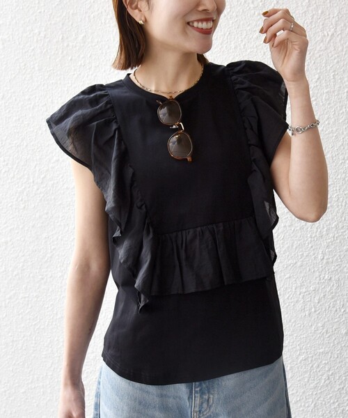 SHIPS any(シップス エニィ)の「SHIPS any:〈洗濯機可能〉フリル コンビ ノースリーブ TEE(Tシャツ/カットソー・レディース・ブラック/ホワイト・ONE SIZE)」の15枚目の写真