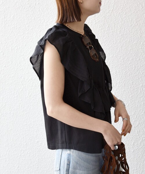 SHIPS any(シップス エニィ)の「SHIPS any:〈洗濯機可能〉フリル コンビ ノースリーブ TEE(Tシャツ/カットソー・レディース・ブラック/ホワイト・ONE SIZE)」の16枚目の写真