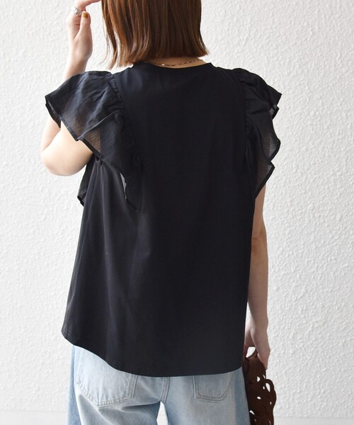 SHIPS any(シップス エニィ)の「SHIPS any:〈洗濯機可能〉フリル コンビ ノースリーブ TEE(Tシャツ/カットソー・レディース・ブラック/ホワイト・ONE SIZE)」の17枚目の写真