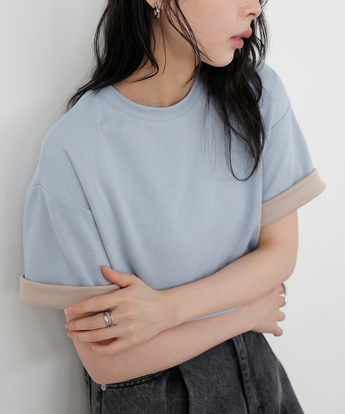 LIAN(リアン)の「バイカラーロールアップTシャツ(Tシャツ/カットソー・レディース・ブラック/ブルー/グレー/オフホワイト・FREE)」の9枚目の写真
