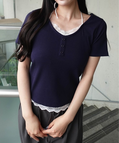 SOELA(ソエラ)の「【INGNI SOELA】レースドッキングリブトップス/WEB限定(Tシャツ/カットソー・レディース・アイボリー/ネイビー/グレー・FREE)」の13枚目の写真