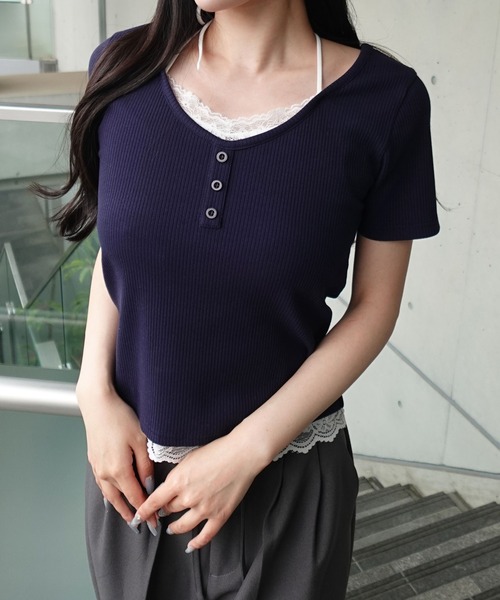 SOELA(ソエラ)の「【INGNI SOELA】レースドッキングリブトップス/WEB限定(Tシャツ/カットソー・レディース・アイボリー/ネイビー/グレー・FREE)」の14枚目の写真