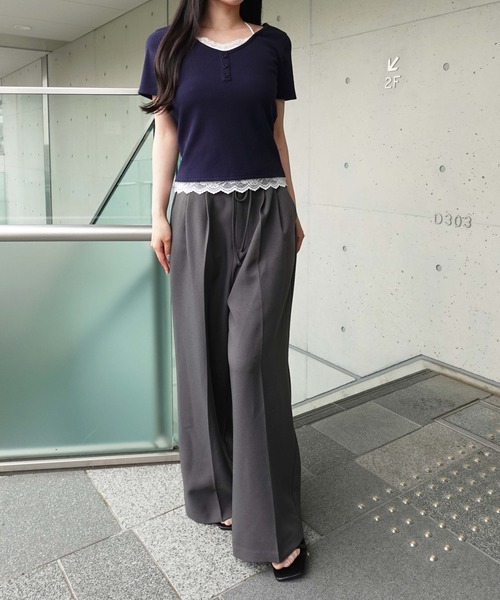SOELA(ソエラ)の「【INGNI SOELA】レースドッキングリブトップス/WEB限定(Tシャツ/カットソー・レディース・アイボリー/ネイビー/グレー・FREE)」の16枚目の写真