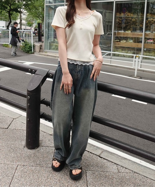 SOELA(ソエラ)の「【INGNI SOELA】レースドッキングリブトップス/WEB限定(Tシャツ/カットソー・レディース・アイボリー/ネイビー/グレー・FREE)」の8枚目の写真