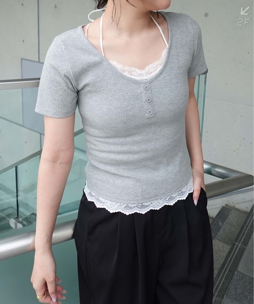 SOELA(ソエラ)の「【INGNI SOELA】レースドッキングリブトップス/WEB限定(Tシャツ/カットソー・レディース・アイボリー/ネイビー/グレー・FREE)」の9枚目の写真