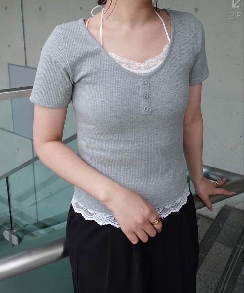 SOELA(ソエラ)の「【INGNI SOELA】レースドッキングリブトップス/WEB限定(Tシャツ/カットソー・レディース・アイボリー/ネイビー/グレー・FREE)」の10枚目の写真