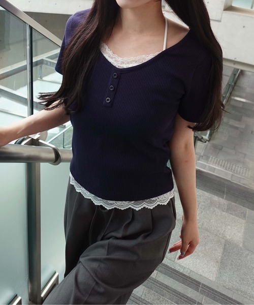SOELA(ソエラ)の「【INGNI SOELA】レースドッキングリブトップス/WEB限定(Tシャツ/カットソー・レディース・アイボリー/ネイビー/グレー・FREE)」の22枚目の写真