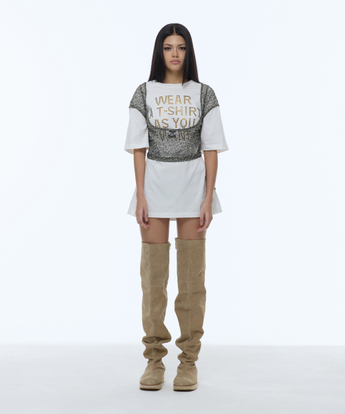 GILAARCHIVE(ギラアーカイブ)の「LEOPARD LETTERING LOGO BACKLESS SHEER TOP_BEIGE(Tシャツ/カットソー・レディース・その他・FREE)」の3枚目の写真