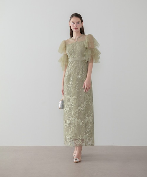 Leja(レジャ)の「【LEJA】フラワーシシュウスパンコールチュールスリーブIラインワンピースドレス美脚効果結婚式 パーティードレス 成人式 二次会 同窓会 お呼ばれ オケージョン 20代 30代(ドレス・レディース・グリーン/グレー・SMALL/MEDIUM)」の2枚目の写真