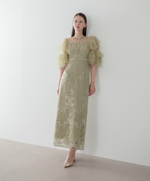 Leja(レジャ)の「【LEJA】フラワーシシュウスパンコールチュールスリーブIラインワンピースドレス美脚効果結婚式 パーティードレス 成人式 二次会 同窓会 お呼ばれ オケージョン 20代 30代(ドレス・レディース・グリーン/グレー・SMALL/MEDIUM)」の4枚目の写真