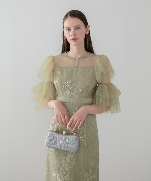 Leja(レジャ)の「【LEJA】フラワーシシュウスパンコールチュールスリーブIラインワンピースドレス美脚効果結婚式 パーティードレス 成人式 二次会 同窓会 お呼ばれ オケージョン 20代 30代(ドレス・レディース・グリーン/グレー・SMALL/MEDIUM)」の6枚目の写真