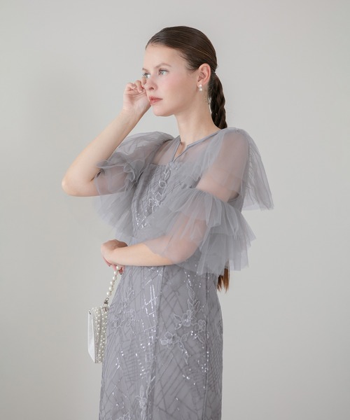 Leja(レジャ)の「【LEJA】フラワーシシュウスパンコールチュールスリーブIラインワンピースドレス美脚効果結婚式 パーティードレス 成人式 二次会 同窓会 お呼ばれ オケージョン 20代 30代(ドレス・レディース・グリーン/グレー・SMALL/MEDIUM)」の8枚目の写真